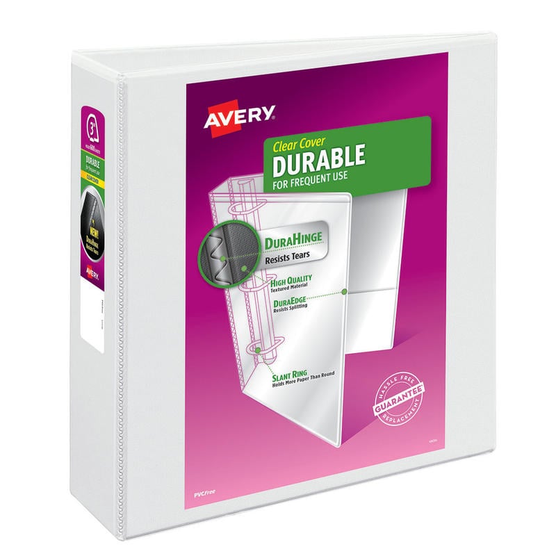 Avery Durable Clear View 3 Ring Binders, 3 Inch EZD Rings, White, 1 Binder MPN:9701