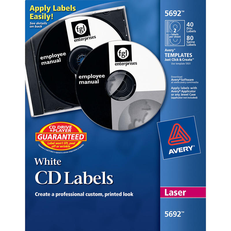 Avery CD/DVD Print-to-the-Edge Labels, 5692, Round, 4.65in Diameter, White, 40 Disc Labels And 80 Spine Labels (Min Order Qty 5) MPN:5692