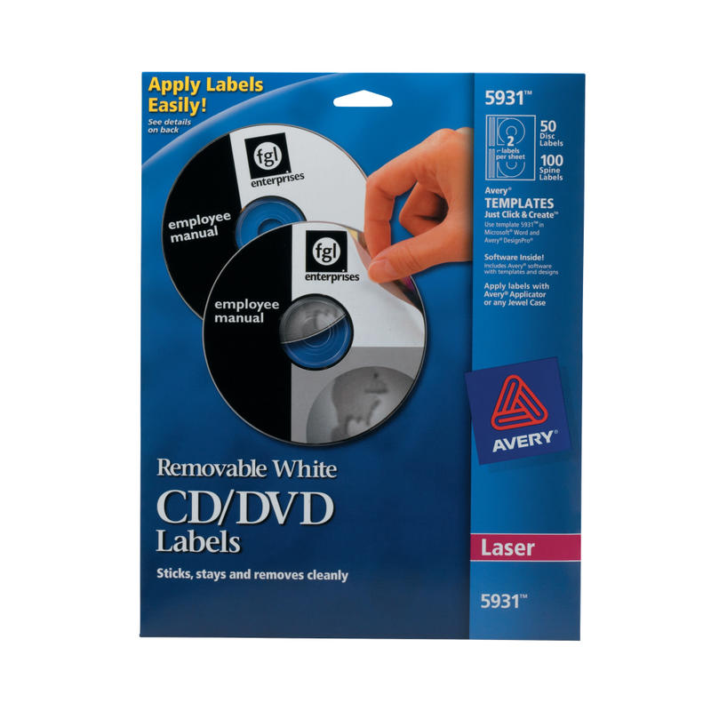 Avery Removable Print-to-the-Edge CD/DVD Labels, 5931, Round, 4.65in Diameter, White, 50 Disc Labels And 100 Spine Labels (Min Order Qty 3) MPN:5931