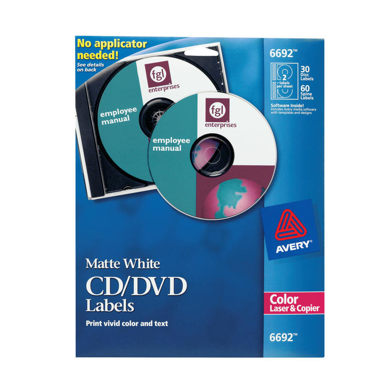 Avery CD/DVD Print-to-the-Edge Labels, 6692, Round, 4.65in Diameter, White, 30 Disc Labels And 60 Spine Labels (Min Order Qty 5) MPN:6692