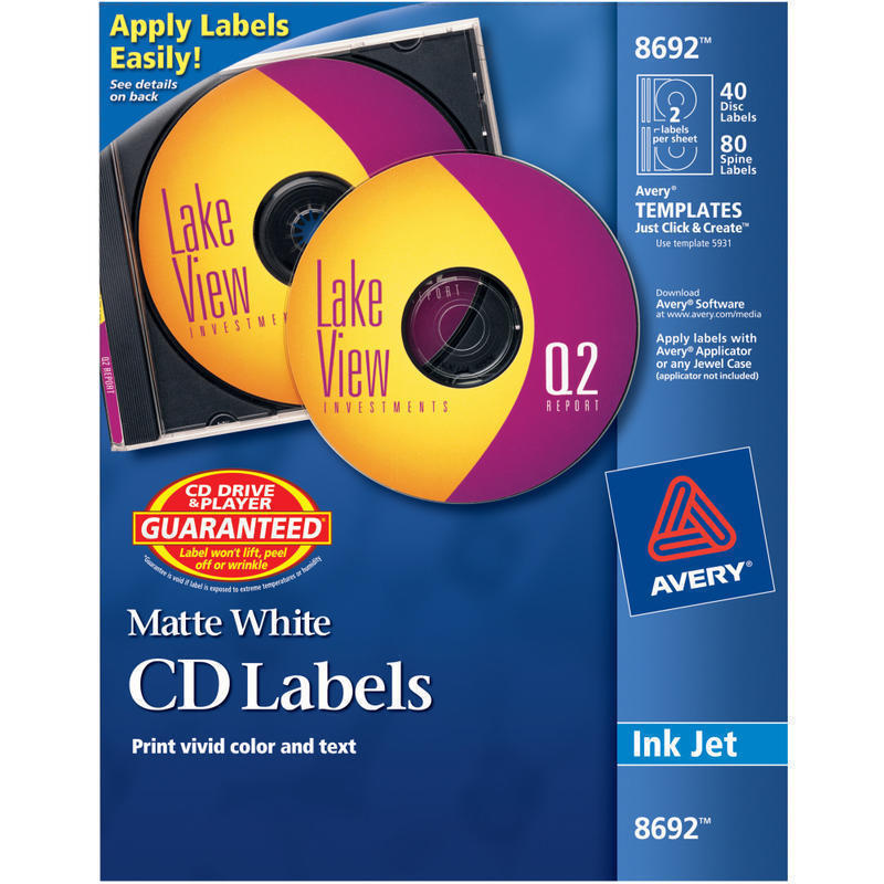 Avery CD/DVD Print-to-the-Edge Labels, 8692, Round, 4.65in Diameter, White, 40 Disc Labels And 80 Spine Labels (Min Order Qty 5) MPN:8692
