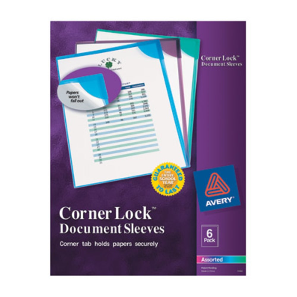Avery Corner Lock Document Sleeves, 8-1/2in x 11in, 20 Sheet Capacity, Assorted (Blue, Green, Purple), Pack Of 6 (Min Order Qty 13) MPN:72262
