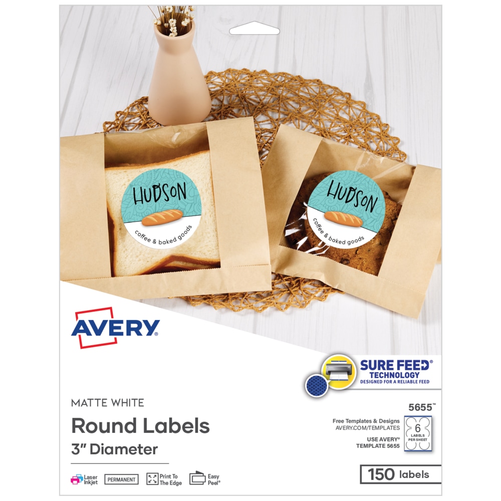 Avery Printable Labels With Sure Feed, Round, 3in diameter, Matte White, Pack Of 150 MPN:05655