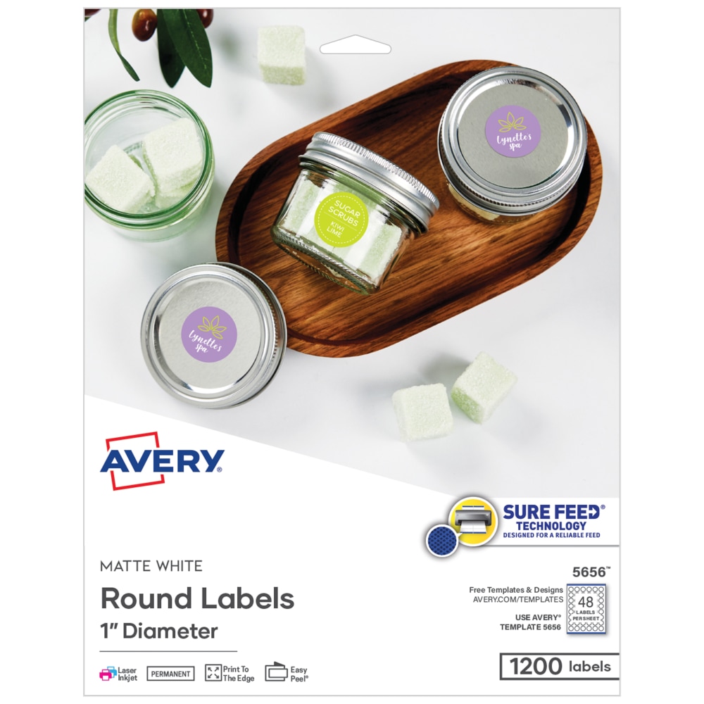 Avery Printable Labels With Sure Feed, Round, 1in diameter, Matte White, Pack Of 1200 MPN:05656