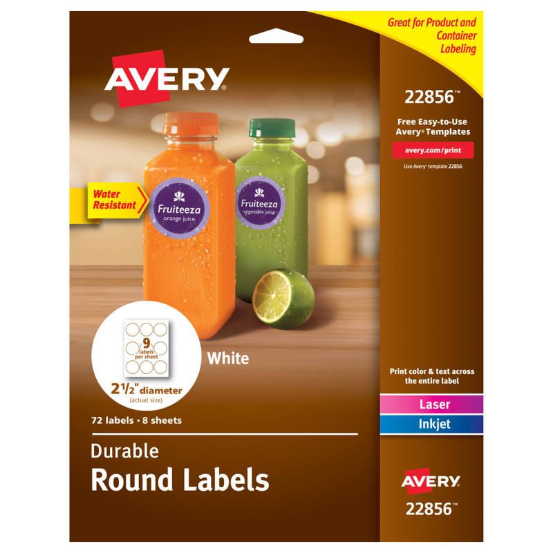 Avery Print-To-The-Edge Water Resistant Labels, 22856, Round, 2 1/2in, White, Pack Of 72 MPN:22856