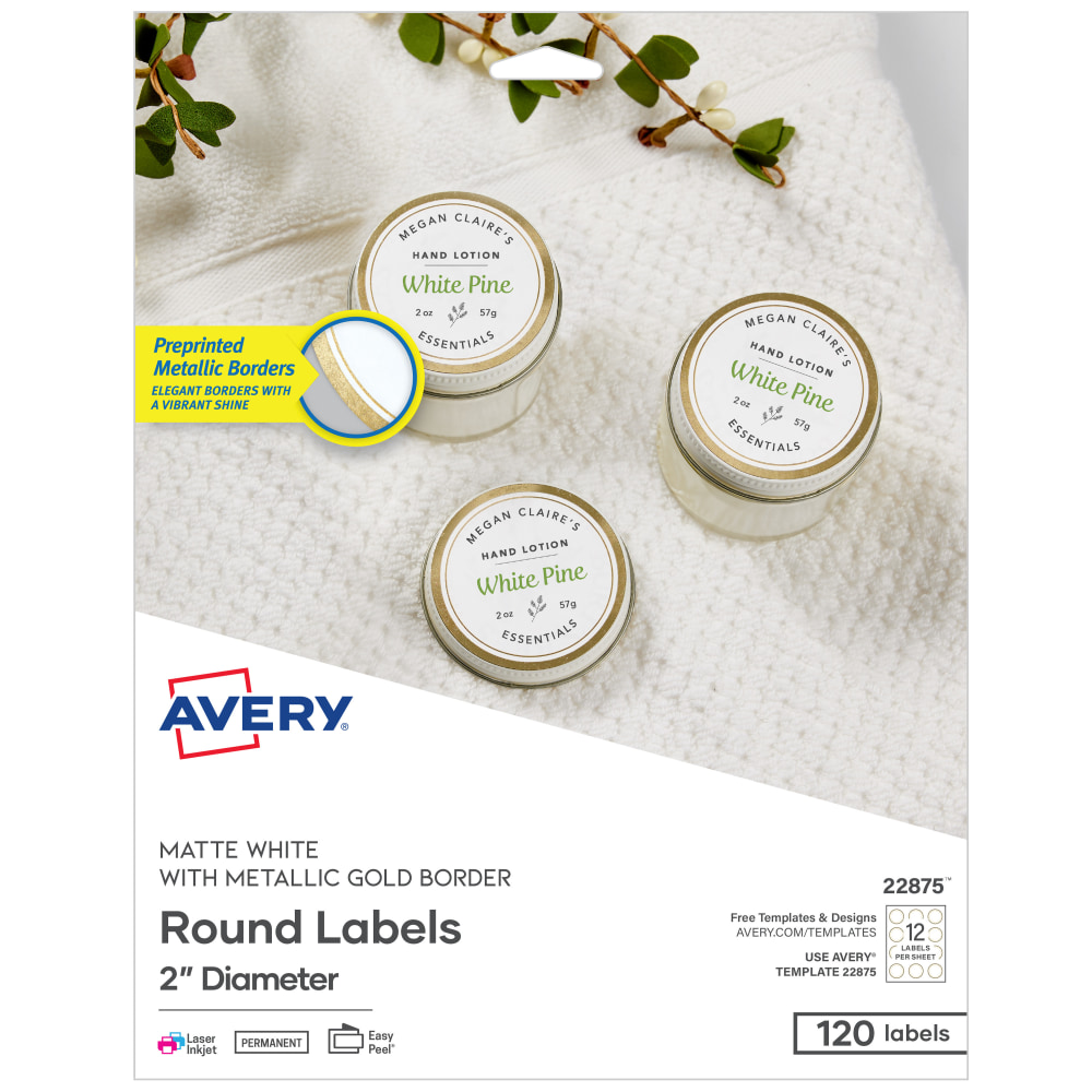 Avery Printable Labels With Metallic Border, Round, 2in diameter, Matte White/Gold, Pack Of 120 MPN:22875