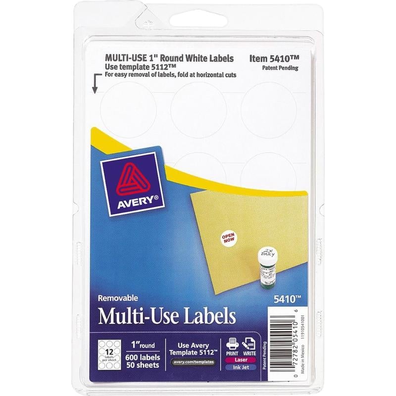 Avery Removable Multipurpose Labels, 5410, Round, 1in Diameter, White, Pack Of 600 (Min Order Qty 11) MPN:5410