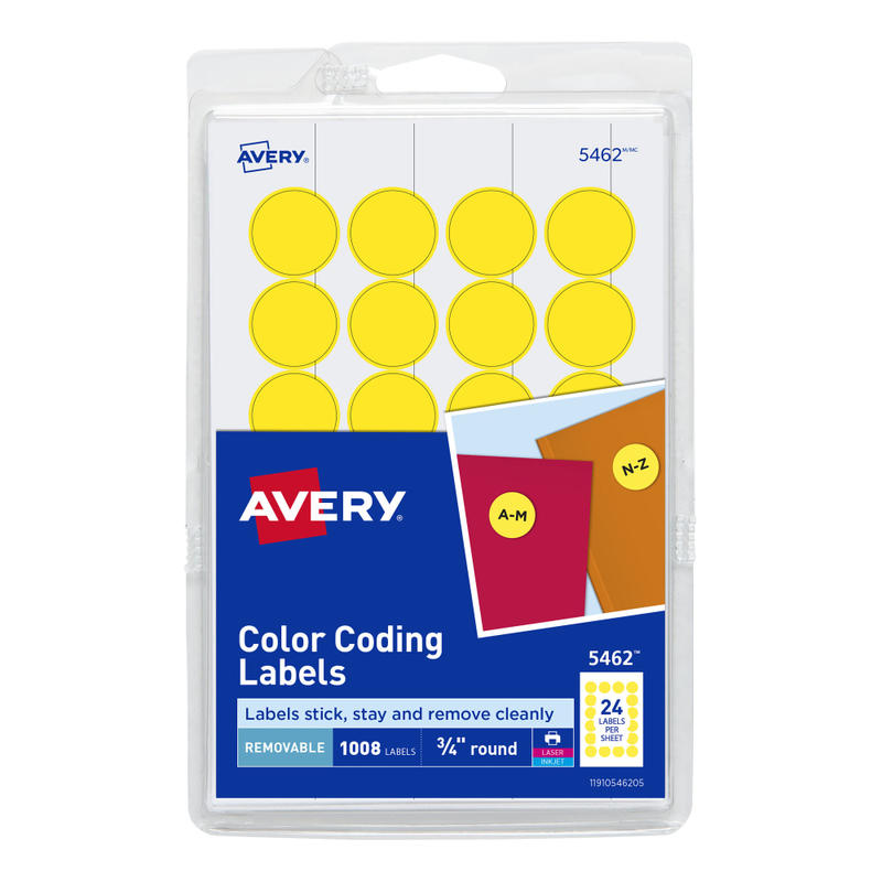 Avery Removable Color-Coding Labels, 5462, Round, 3/4in Diameter, Yellow, Pack Of 1,008 (Min Order Qty 17) MPN:5462