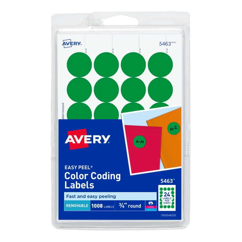 Avery Removable Color-Coding Labels, 5463, Round, 3/4in Diameter, Green, Pack Of 1,008 (Min Order Qty 17) MPN:5463