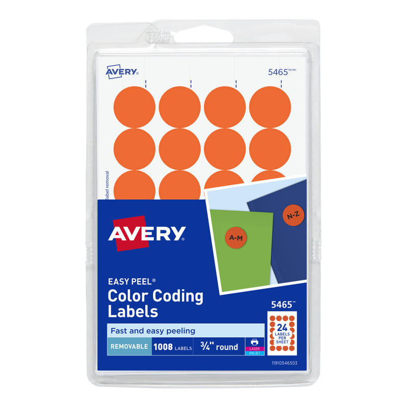 Avery Removable Color-Coding Labels, 5465, Round, 3/4in Diameter, Orange, Pack Of 1,008 (Min Order Qty 17) MPN:5465