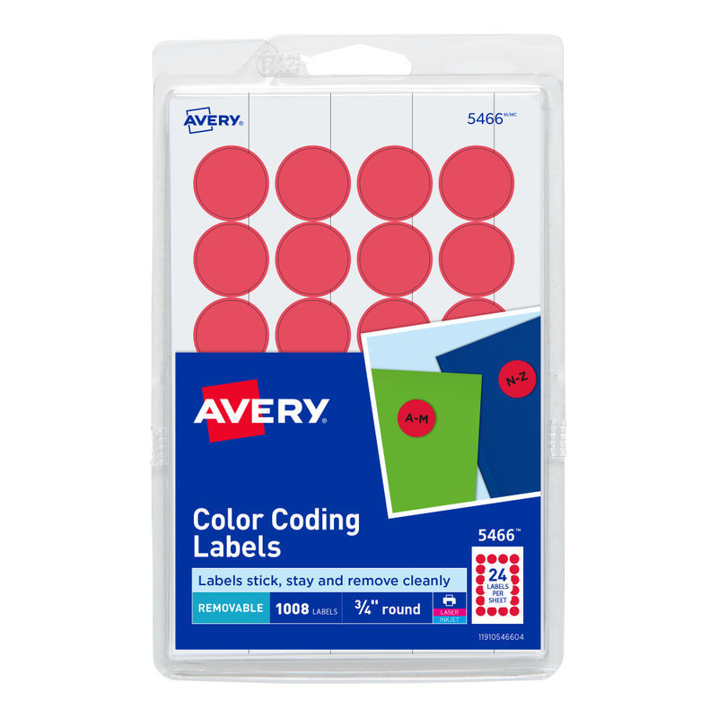 Avery Removable Color-Coding Labels, 5466, Round, 3/4in Diameter, Red, Pack Of 1,008 (Min Order Qty 17) MPN:5466