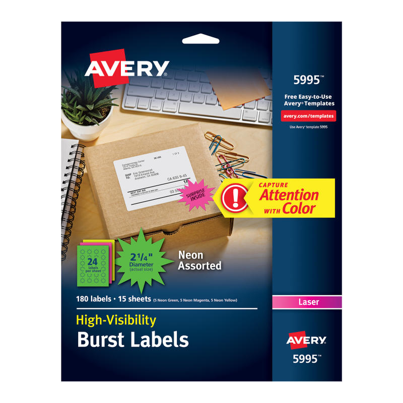 Avery Address Labels With Sure Feed For Laser Printers, 5995, Burst, 2-1/4in, Assorted Neon Colors, Pack Of 180 MPN:5995
