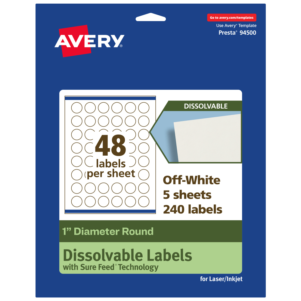 Avery Print-to-the-Edge Dissolvable Labels With Sure Feed Technology, 94500-DWMP5, Round, 1in, Matte Off-White, Pack Of 240 MPN:94500-DWMP5