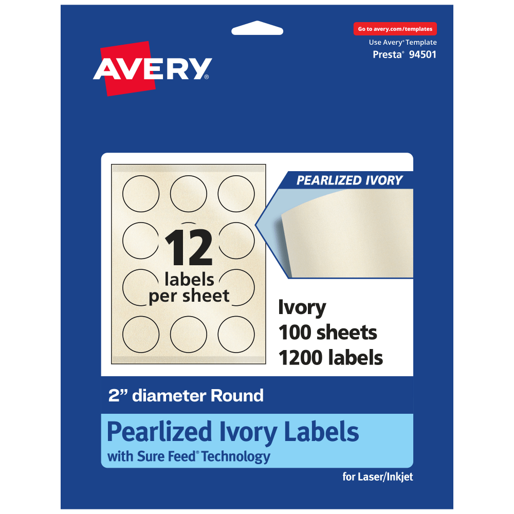 Avery Pearlized Permanent Labels With Sure Feed, 94501-PIP100, Round, 2in Diameter, Ivory, Pack Of 1, 200 Labels MPN:94501-PIP100