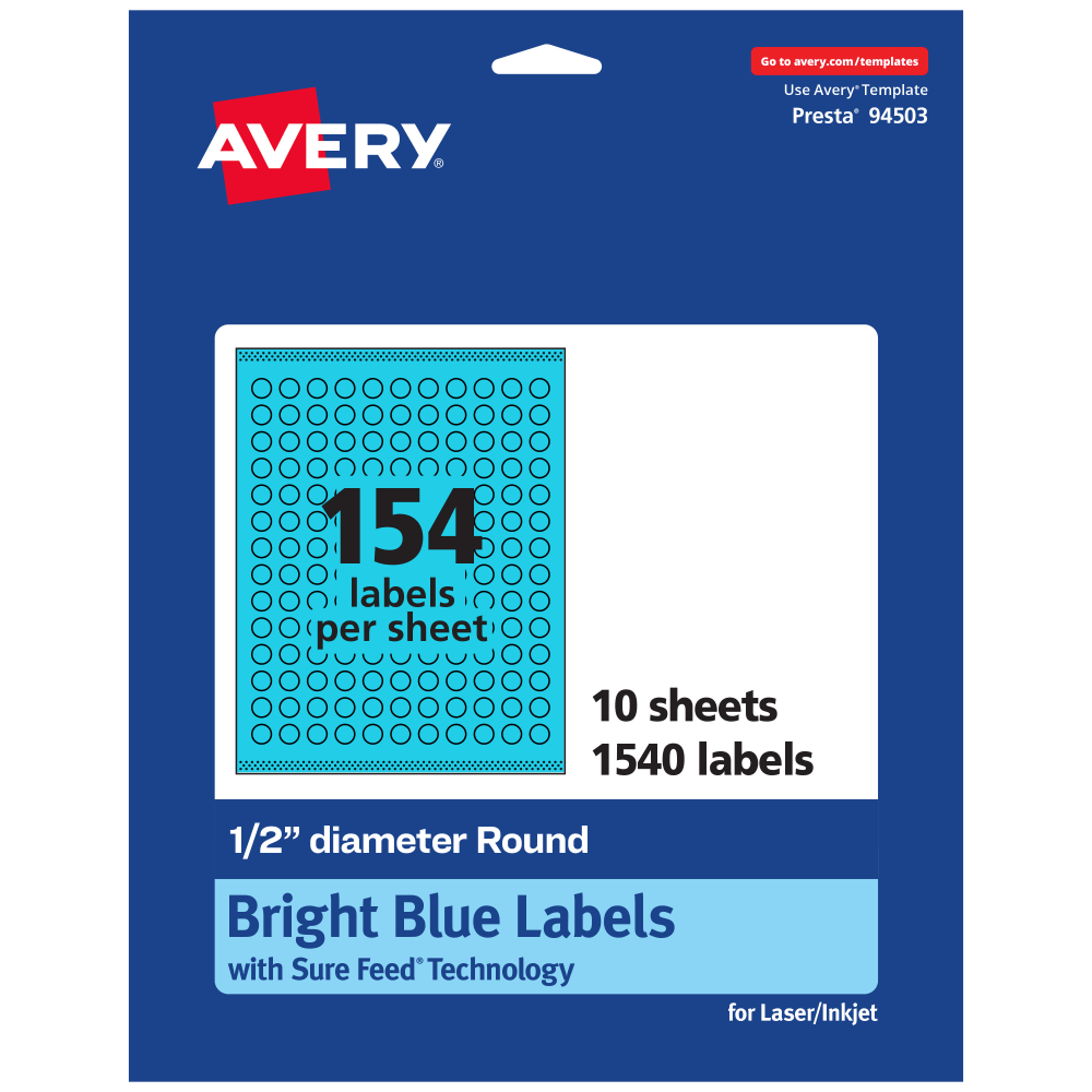 Avery Print-To-The-Edge Labels With Sure Feed Technology And Easy Peel Label Feature, 94503-BBP10, Round, 1/2in, Matte Bright Blue, Pack of 1540 MPN:94503-BBP10