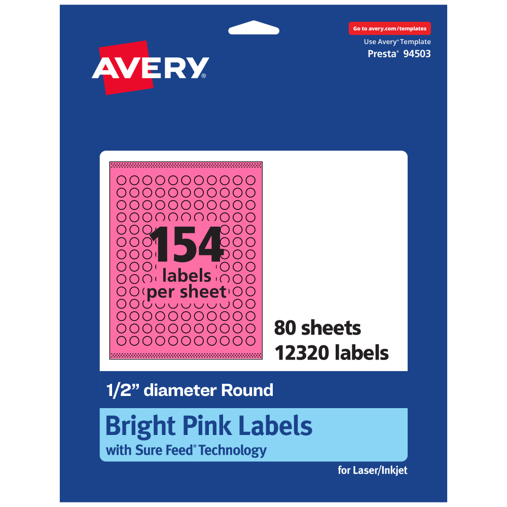 Avery Print-To-The-Edge Labels With Sure Feed Technology And Easy Peel Label Feature, 94503-BPP80, Round, 1/2in, Matte Bright Pink, Pack of 12320 MPN:94503-BPP80