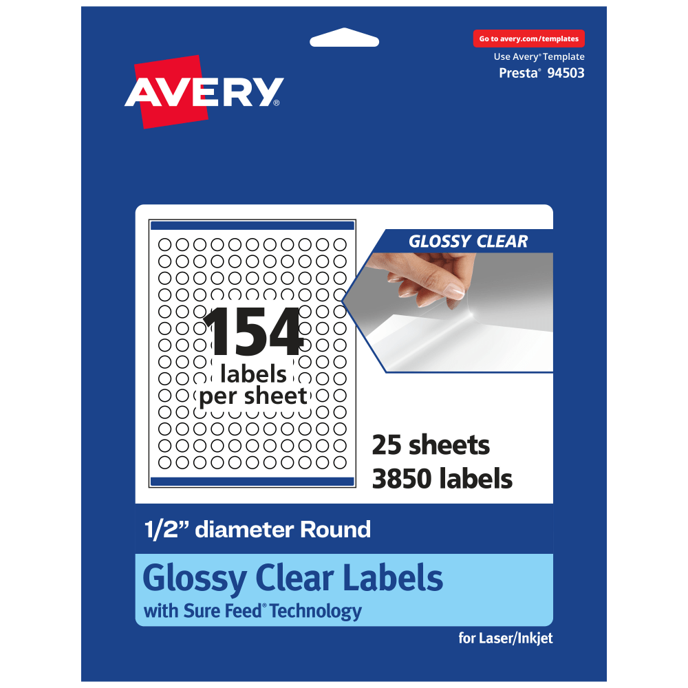 Avery Glossy Permanent Labels With Sure Feed, 94503-CGF25, Round, 1/2in Diameter, Clear, Pack Of 3, 850 MPN:94503-CGF25