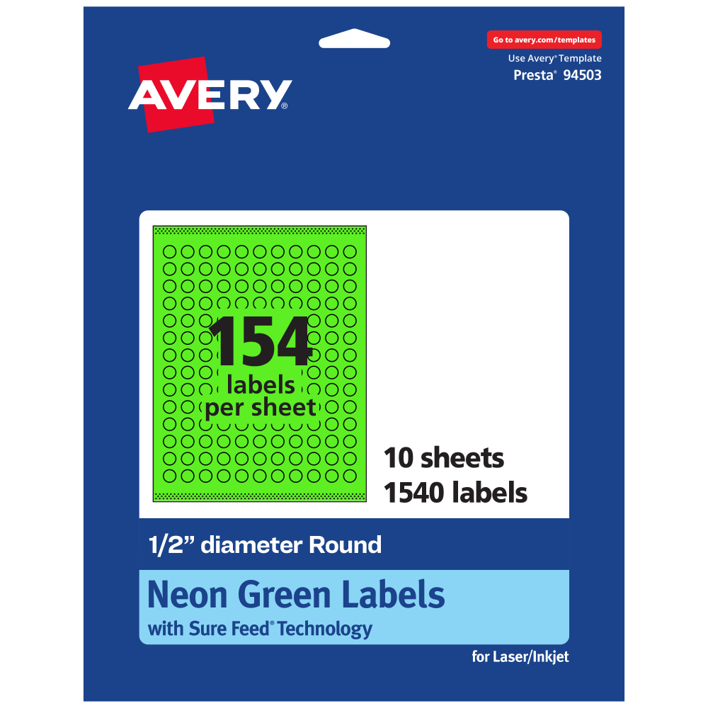 Avery Print-To-The-Edge Labels With Sure Feed Technology, 94503-NGP10, Round, 1/2in, Matte Neon Green, Pack of 1540 MPN:94503-NGP10