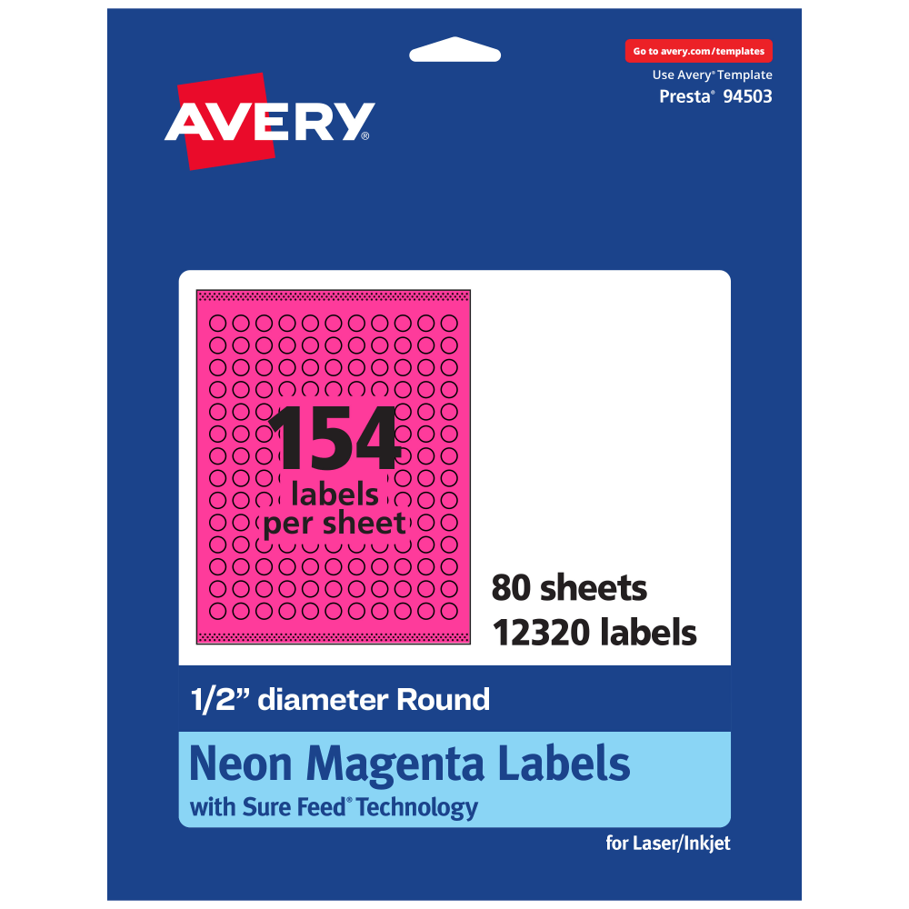 Avery Print-To-The-Edge Labels With Sure Feed Technology, 94503-NMP80, Round, 1/2in, Matte Neon Magenta, Pack of 12320 MPN:94503-NMP80