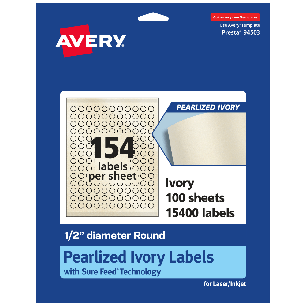 Avery Pearlized Permanent Labels With Sure Feed, 94503-PIP100, Round, 1/2in Diameter, Ivory, Pack Of 15, 400 Labels MPN:94503-PIP100