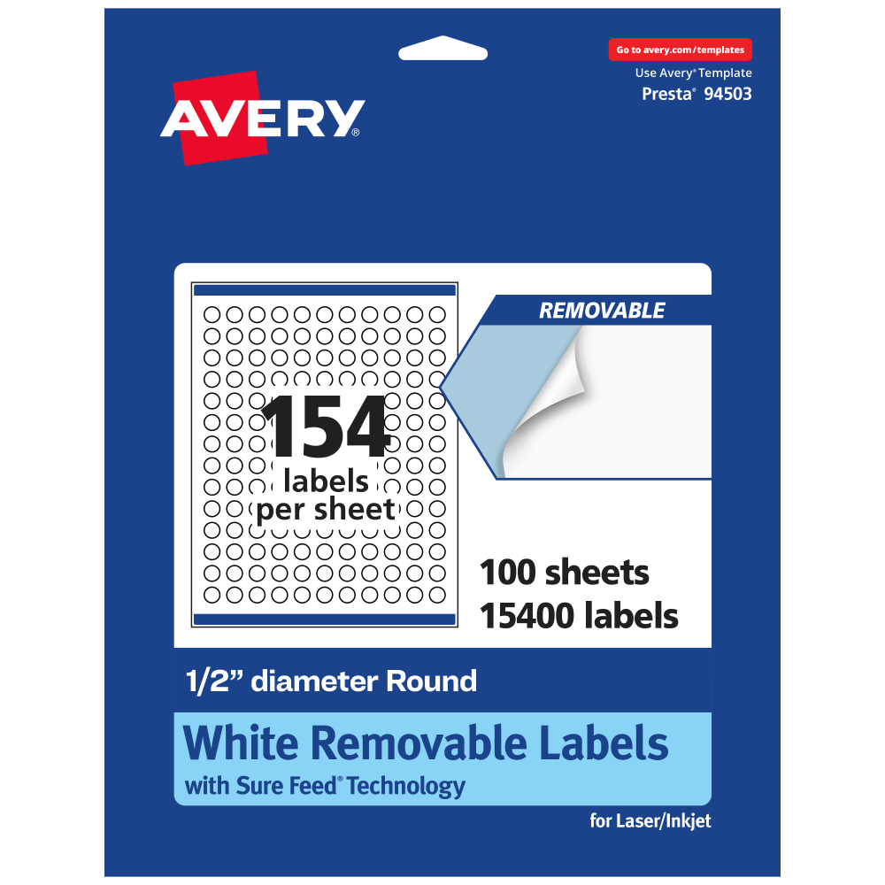 Avery Removable Labels With Sure Feed, 94503-RMP100, Round, 1/2in Diameter, White, Pack Of 15, 400 Labels MPN:94503-RMP100
