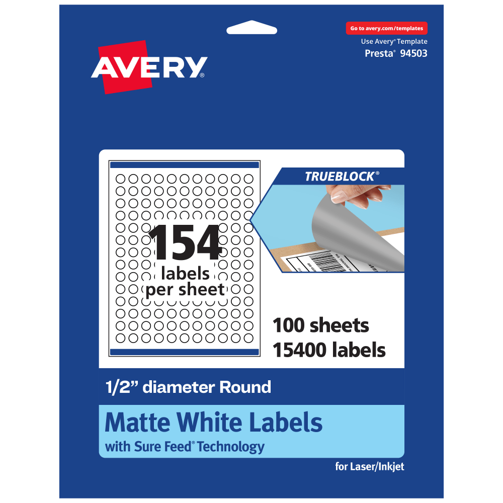 Avery Print-To-The-Edge TrueBlock Labels With Sure Feed, 94503-TWMP100, Round, 1/2in, Matte White, Pack Of 15400 MPN:94503-TWMP100