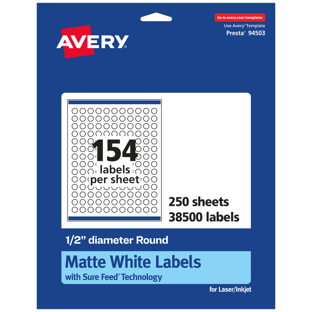 Avery Permanent Labels With Sure Feed, 94503-WMP250, Round, 1/2in Diameter, White, Pack Of 38, 500 MPN:94503-WMP250