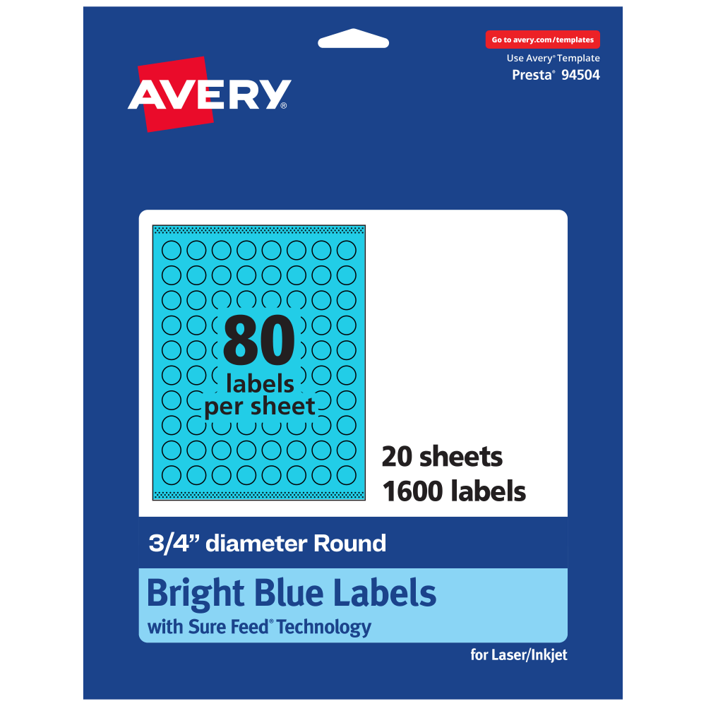 Avery Print-To-The-Edge Labels With Sure Feed Technology And Easy Peel Label Feature, 94504-BBP20, Round, 3/4in, Matte Bright Blue, Pack of 1600 MPN:94504-BBP20