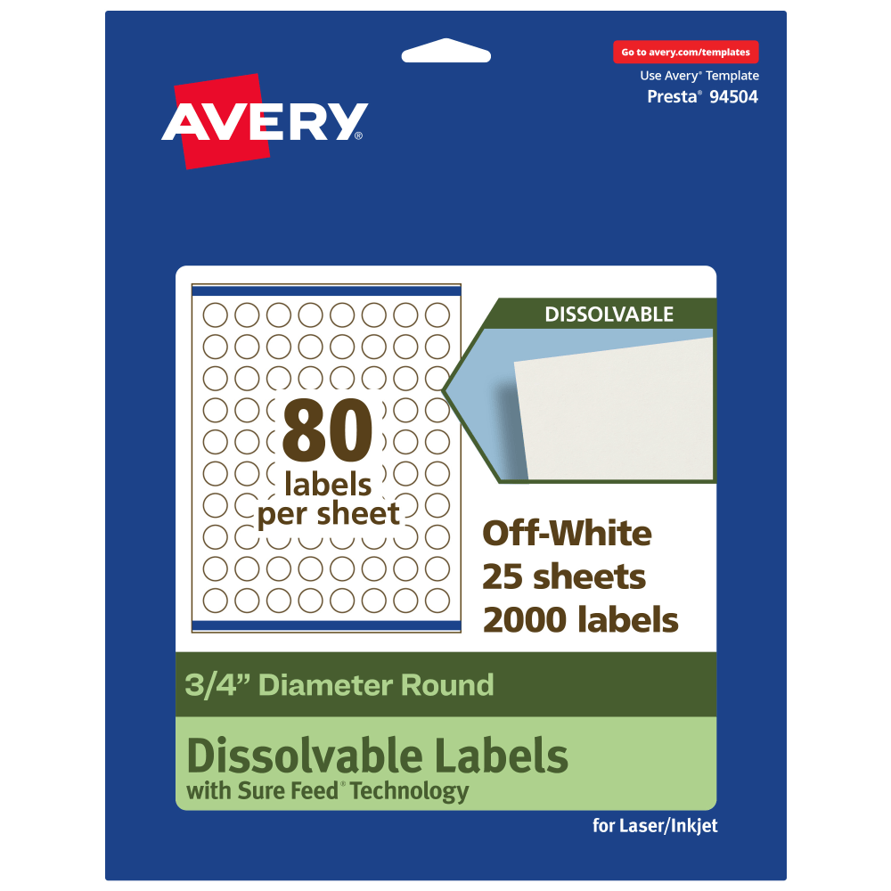 Avery Print-to-the-Edge Dissolvable Labels With Sure Feed Technology, 94504-DWMP25, Round, 3/4in, Matte Off-White, Pack Of 2000 MPN:94504-DWMP25