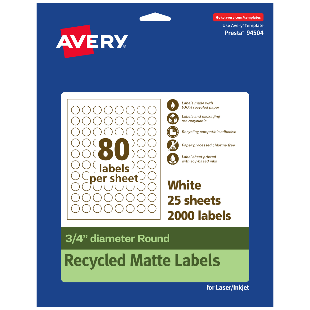 Avery Recycled Paper Labels, 94504-EWMP25, Round, -3/4in diameter, White, Pack Of 2000 MPN:94504-EWMP25