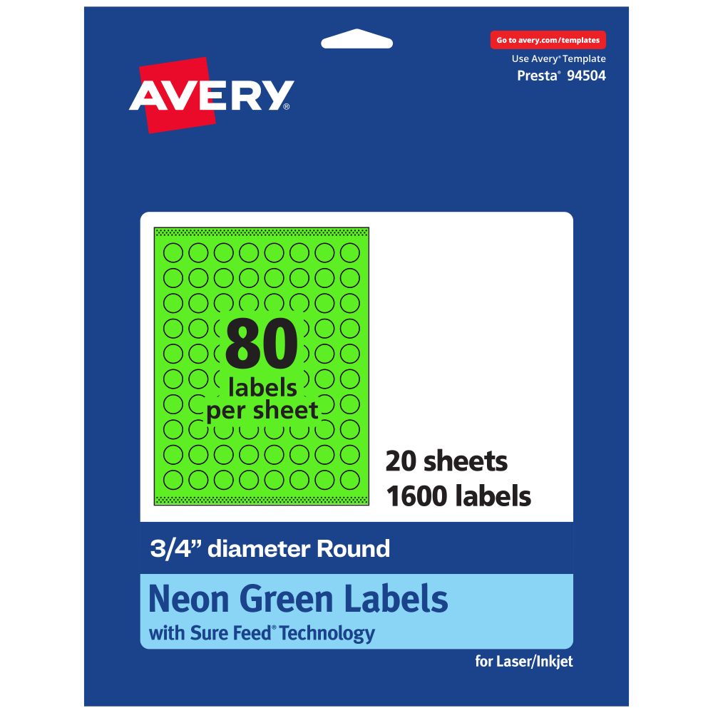Avery Print-To-The-Edge Labels With Sure Feed Technology, 94504-NGP20, Round, 3/4in, Matte Neon Green, Pack of 1600 MPN:94504-NGP20
