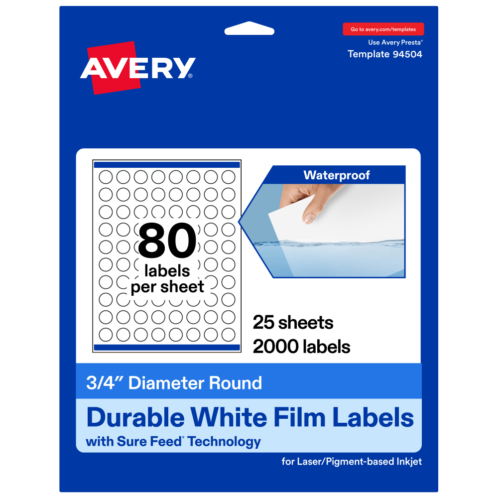 Avery Waterproof Permanent Labels With Sure Feed, 94504-WMF25, Round, 3/4in Diameter, White, Pack Of 2, 000 MPN:94504-WMF25