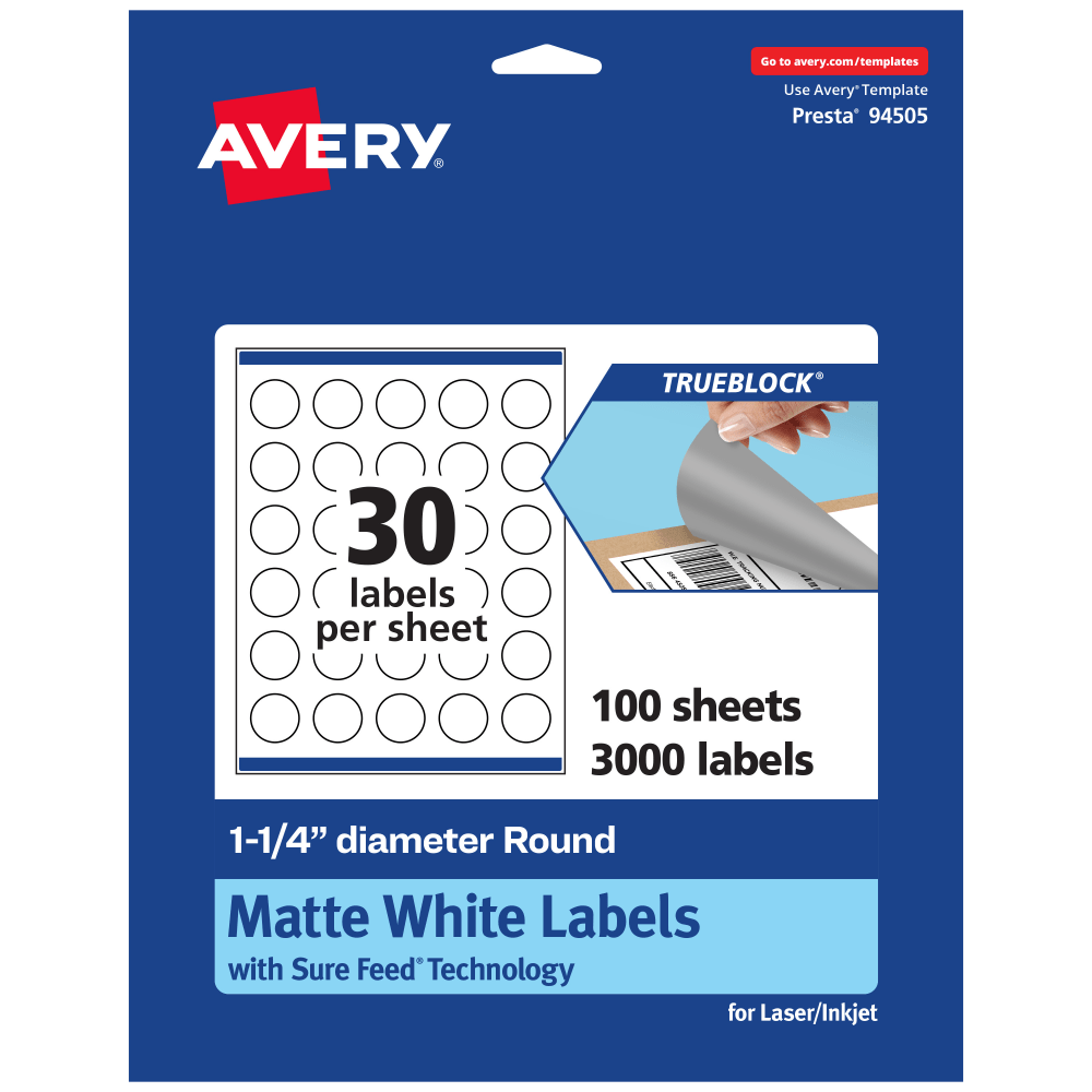Avery Print-To-The-Edge TrueBlock Labels With Sure Feed, 94505-TWMP100, Round, 1-1/4in, Matte White, Pack Of 3000 MPN:94505-TWMP100