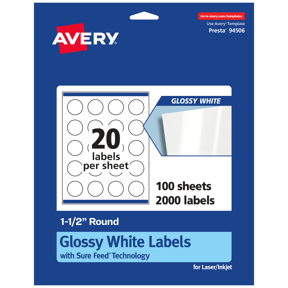 Avery Glossy Permanent Labels With Sure Feed, 94506-WGP100, Round, 1-1/2in Diameter, White, Pack Of 2, 000 MPN:94506-WGP100
