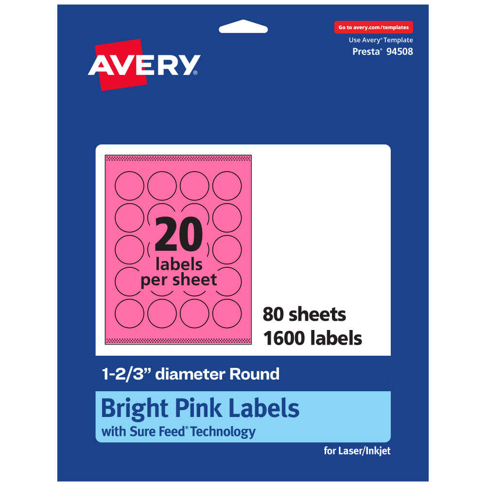 Avery Print-To-The-Edge Labels With Sure Feed Technology And Easy Peel Label Feature, 94508-BPP80, Round, 1-2/3in, Matte Bright Pink, Pack of 1600 MPN:94508-BPP80