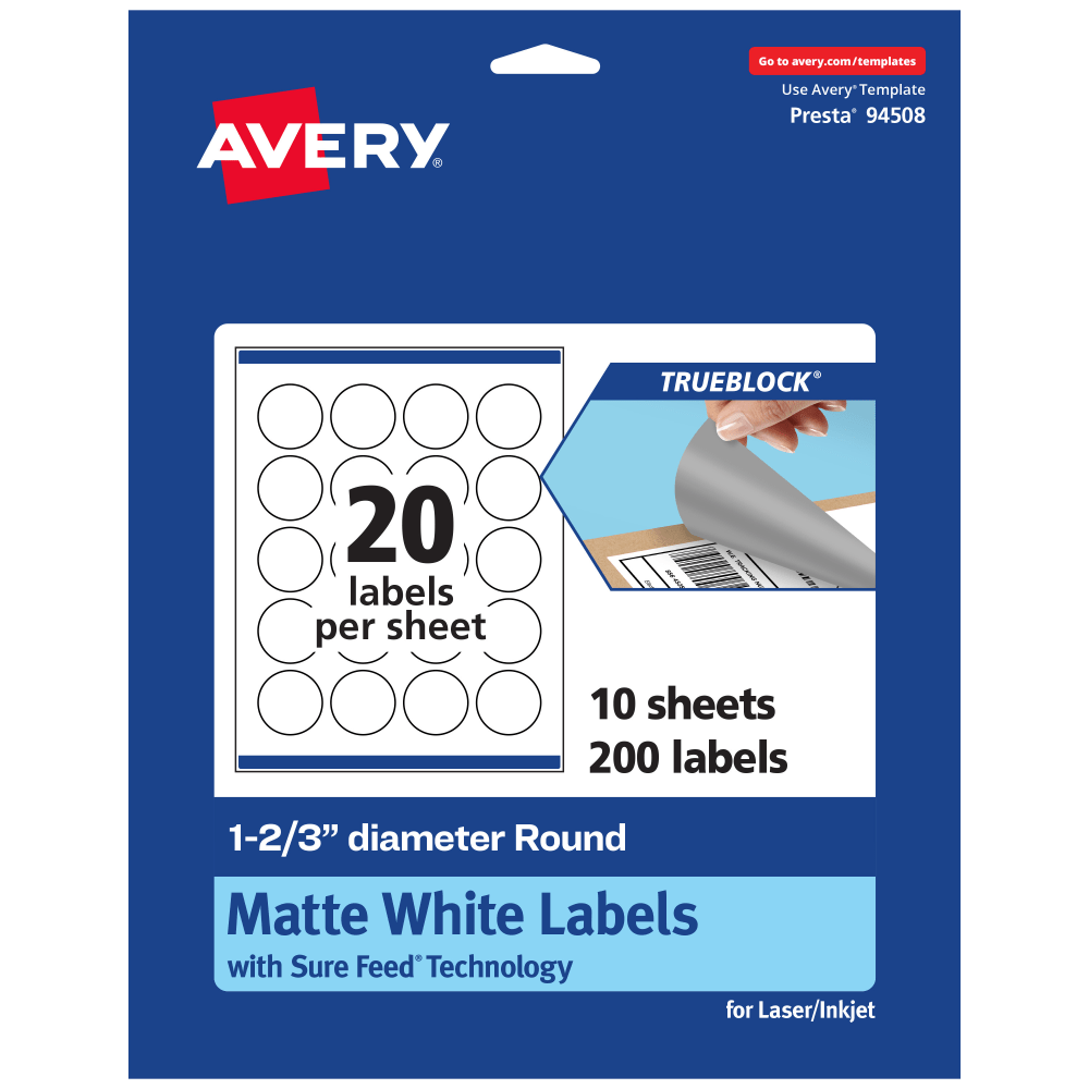 Avery Print-To-The-Edge TrueBlock Labels With Sure Feed, 94508-TWMP10, Round, 1-2/3in, Matte White, Pack Of 200 MPN:94508-TWMP10