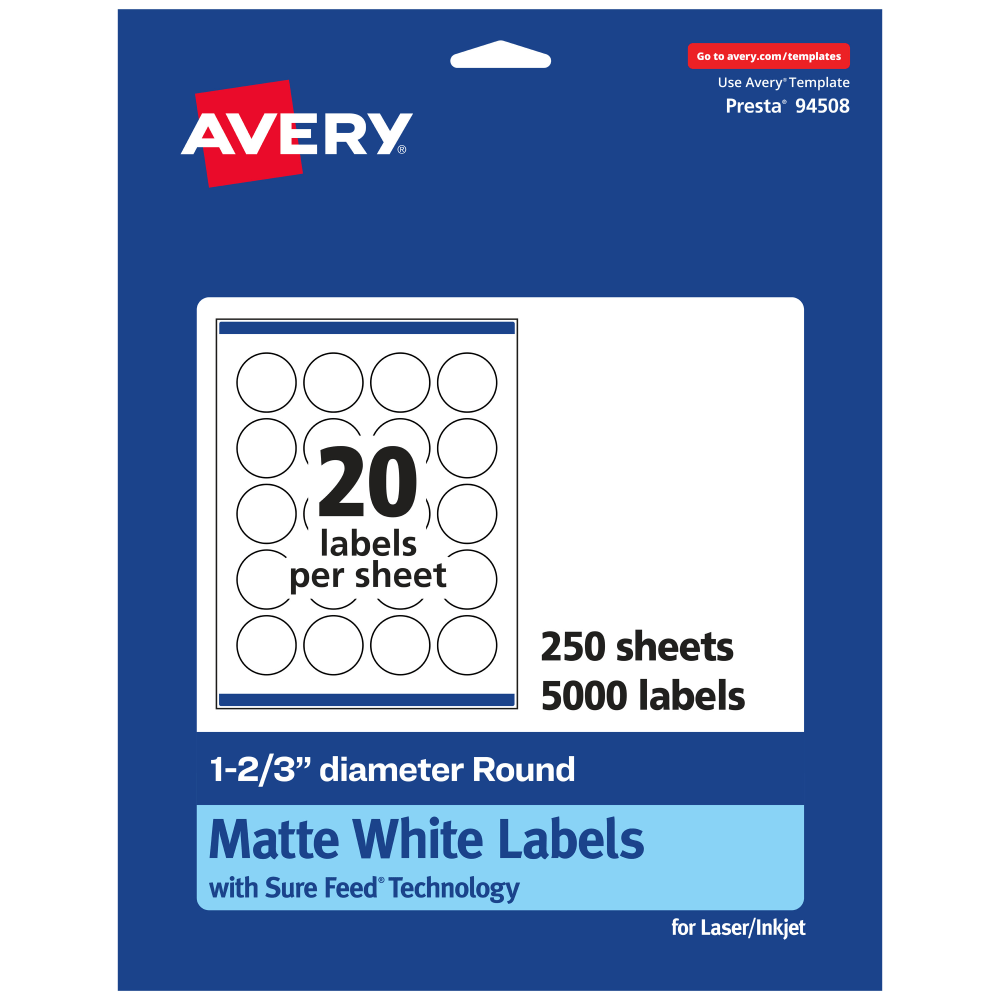 Avery Permanent Labels With Sure Feed, 94508-WMP250, Round, 1-2/3in Diameter, White, Pack Of 5, 000 MPN:94508-WMP250