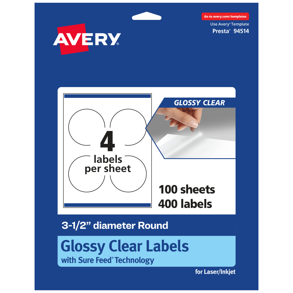 Avery Glossy Permanent Labels With Sure Feed, 94514-CGF100, Round, 3-1/2in Diameter, Clear, Pack Of 400 MPN:94514-CGF100
