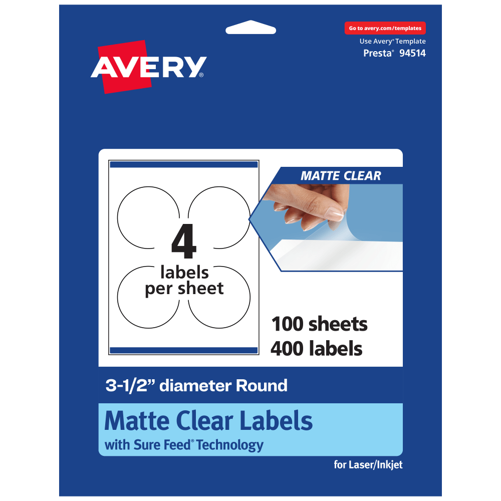 Avery Permanent Labels With Sure Feed, 94514-CMF100, Round, 3-1/2in, Matte Clear, Pack Of 400 MPN:94514-CMF100