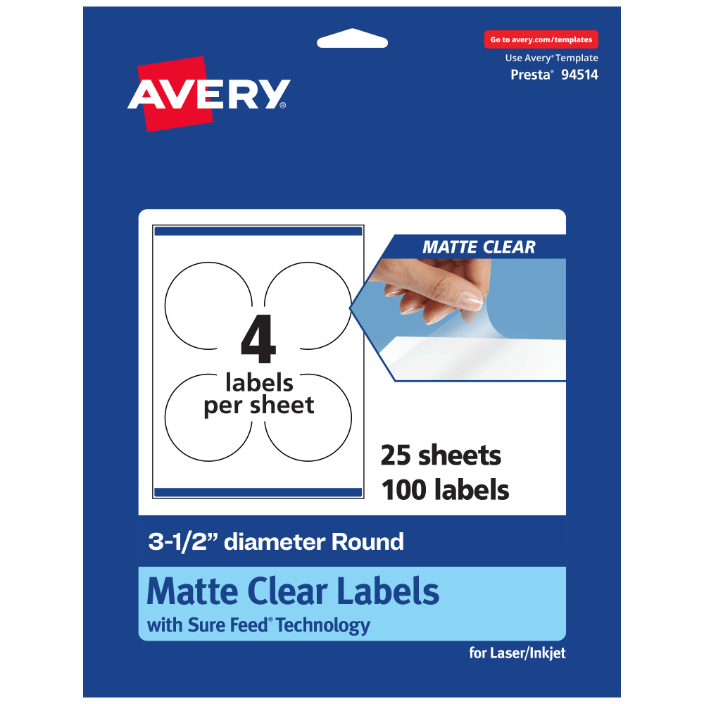Avery Permanent Labels With Sure Feed, 94514-CMF25, Round, 3-1/2in, Matte Clear, Pack Of 100 MPN:94514-CMF25