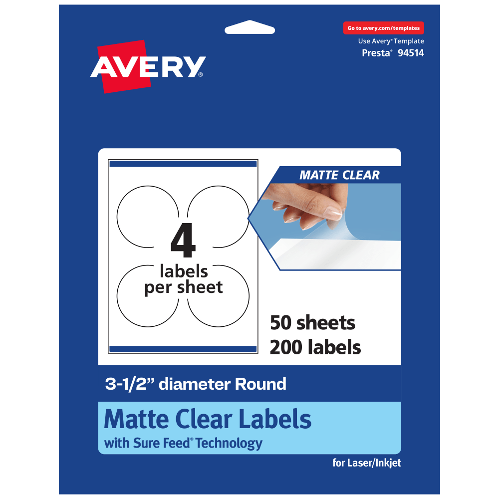 Avery Permanent Labels With Sure Feed, 94514-CMF50, Round, 3-1/2in, Matte Clear, Pack Of 200 MPN:94514-CMF50