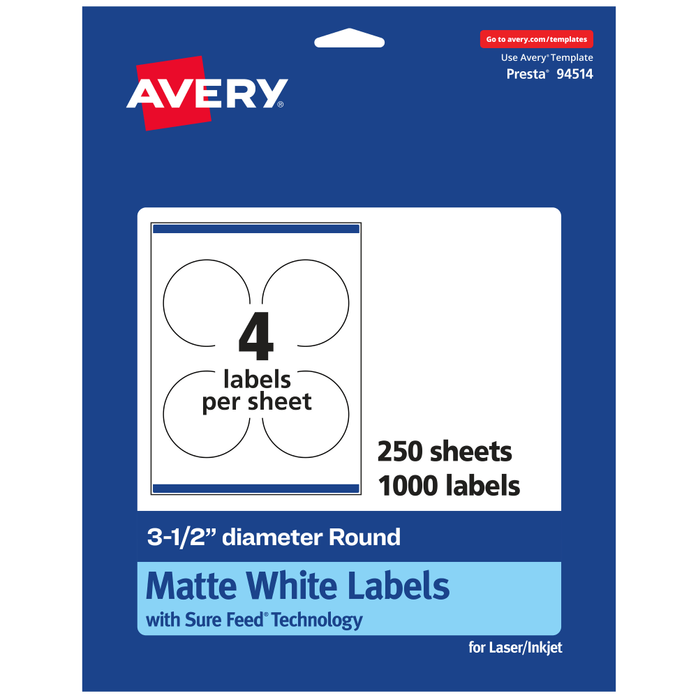 Avery Permanent Labels With Sure Feed, 94514-WMP250, Round, 3-1/2in Diameter, White, Pack Of 1, 000 MPN:94514-WMP250