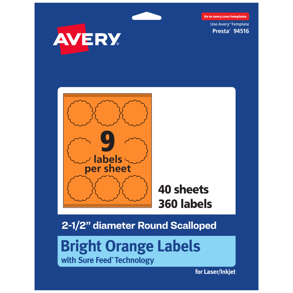Avery Print-To-The-Edge Labels With Sure Feed Technology, 94516-BOP40, Round Scalloped, 2-1/2in, Matte Bright Orange, Pack of 360 MPN:94516-BOP40