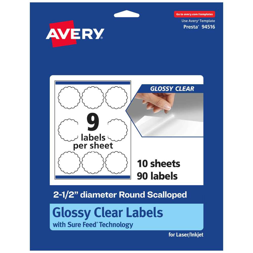 Avery Glossy Permanent Labels With Sure Feed, 94516-CGF10, Round Scalloped, 2-1/2in Diameter, Clear, Pack Of 90 MPN:94516-CGF10