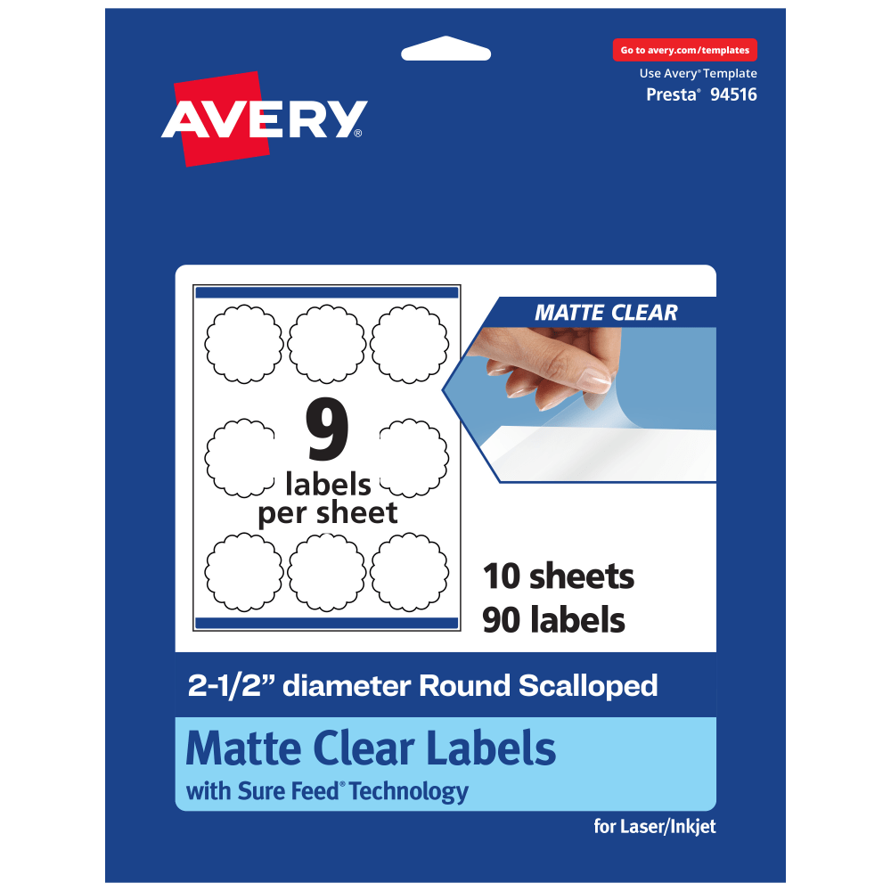 Avery Permanent Labels With Sure Feed, 94516-CMF10, Round Scalloped, 2-1/2in, Matte Clear, Pack Of 90 MPN:94516-CMF10