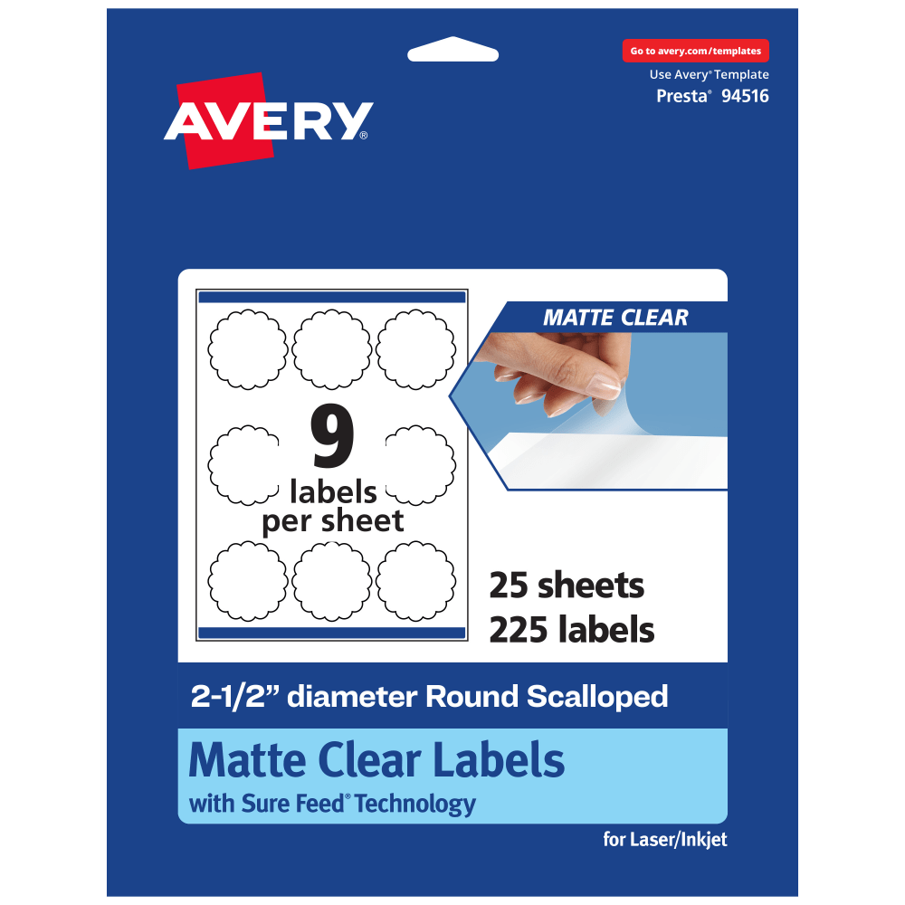 Avery Permanent Labels With Sure Feed, 94516-CMF25, Round Scalloped, 2-1/2in, Matte Clear, Pack Of 225 MPN:94516-CMF25