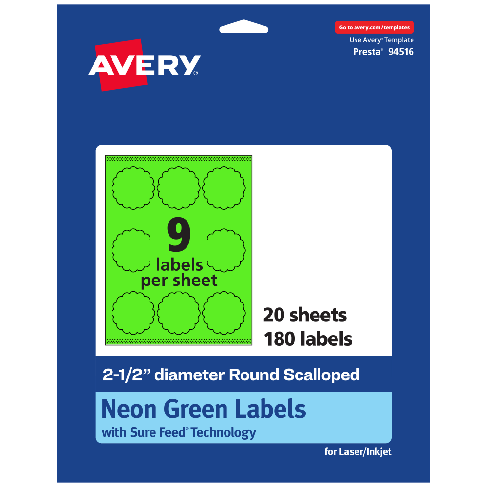 Avery Print-To-The-Edge Labels With Sure Feed Technology, 94516-NGP20, Round Scalloped, 2-1/2in, Matte Neon Green, Pack of 180 MPN:94516-NGP20