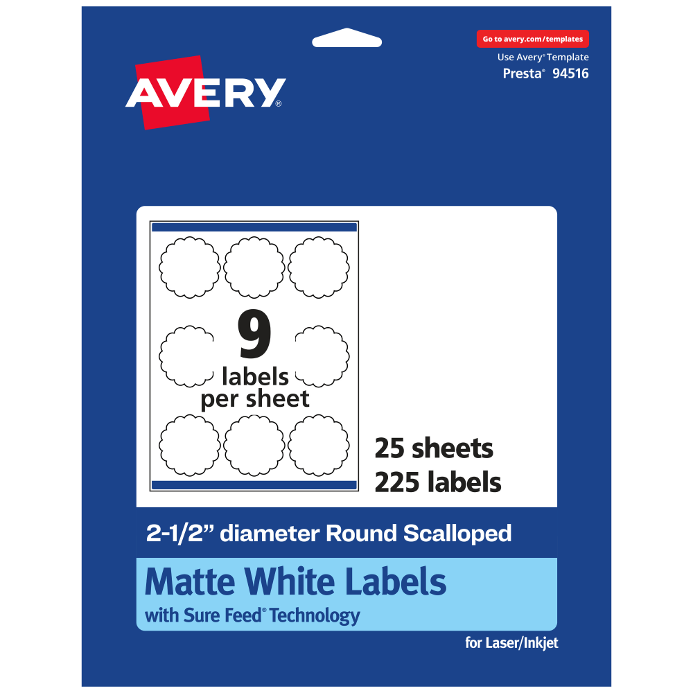 Avery Permanent Labels With Sure Feed, 94516-WMP25, Round Scalloped, 2-1/2in Diameter, White, Pack Of 225 MPN:94516-WMP25