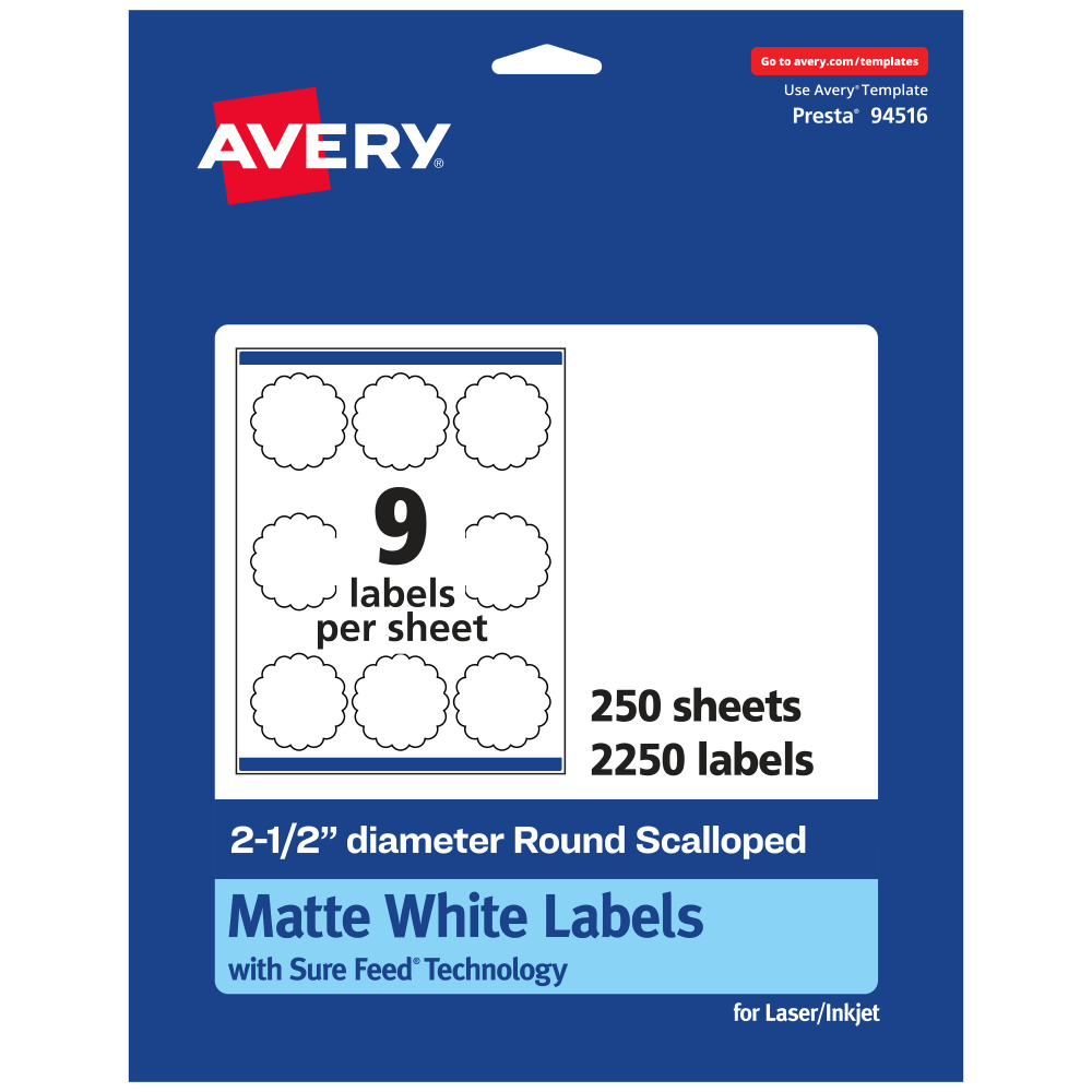 Avery Permanent Labels With Sure Feed, 94516-WMP250, Round Scalloped, 2-1/2in Diameter, White, Pack Of 2, 250 MPN:94516-WMP250