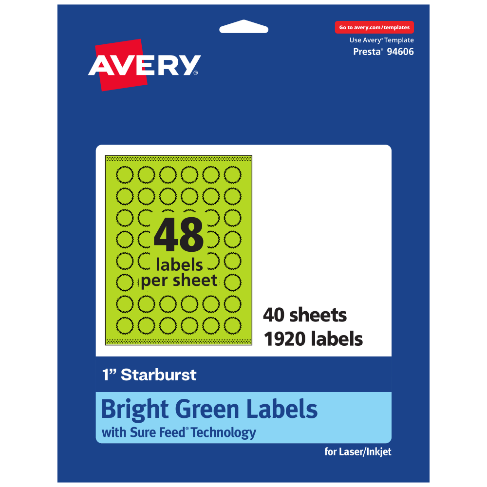 Avery Print-To-The-Edge Labels With Sure Feed Technology, 94606-BGP40, Starburst, 1in, Matte Bright Green, Pack of 1920 MPN:94606-BGP40